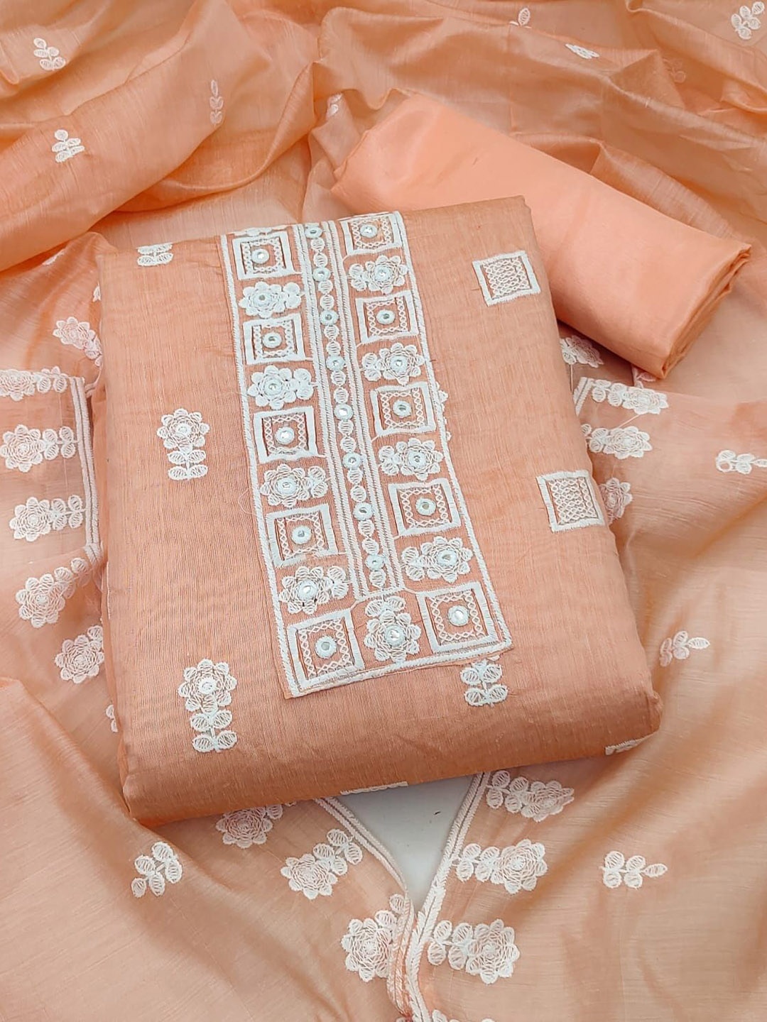 

SAINOOR Embroidered Unstitched Dress Material, Peach