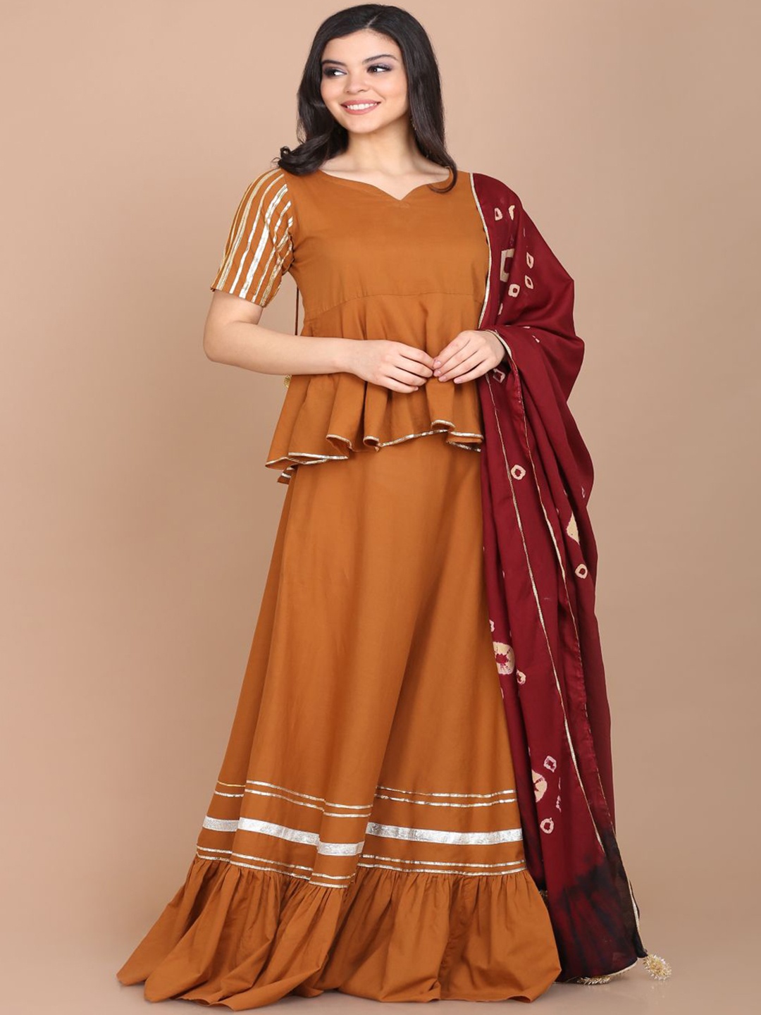 

DIVASTRI Women Regular Pure Cotton Top with Skirt & With Dupatta, Brown