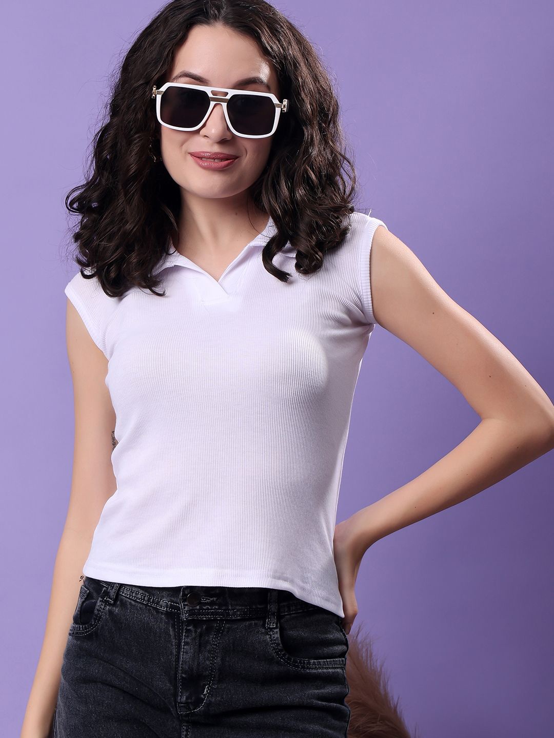 

Ajolli Women Polo Collar T-shirt, White