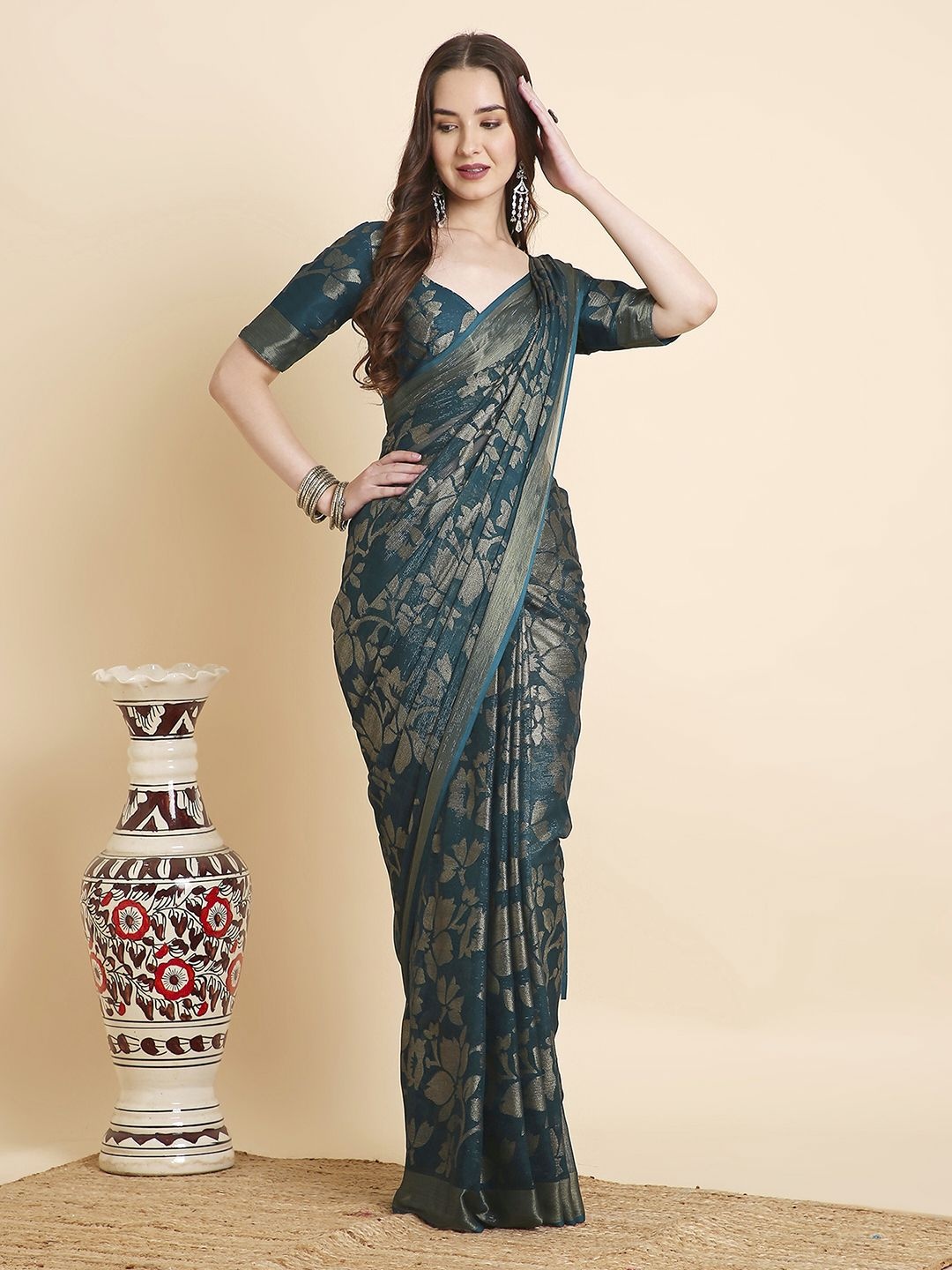 

RATAN Floral Zari Poly Georgette Saree, Teal