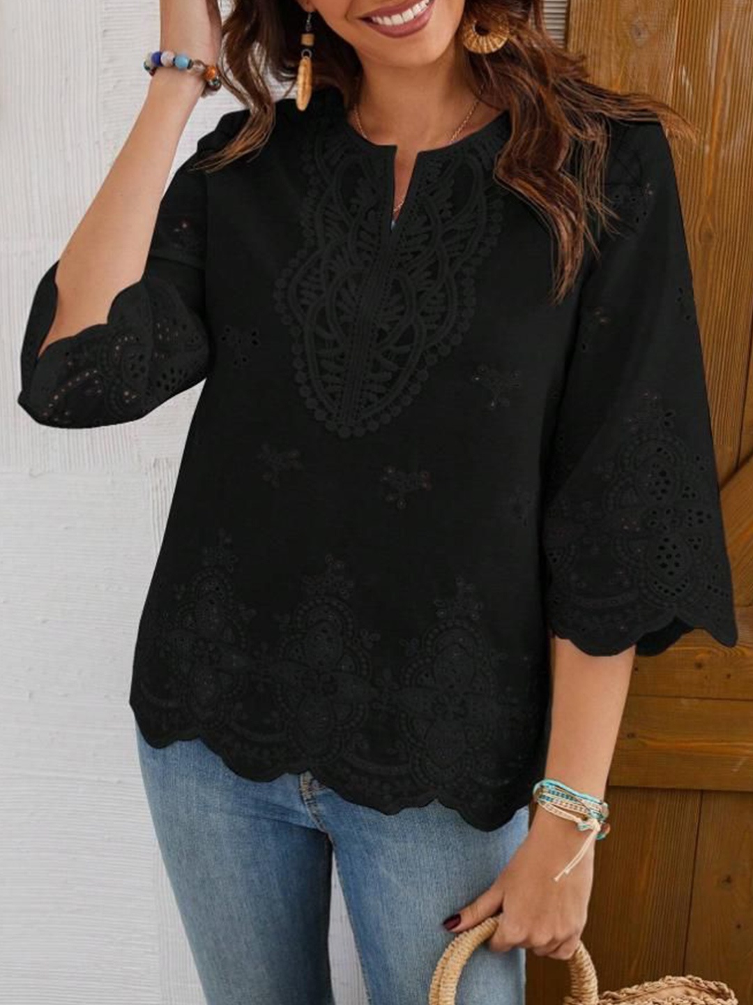 

all about you Embroidered Schiffli Shirt Style Top, Black