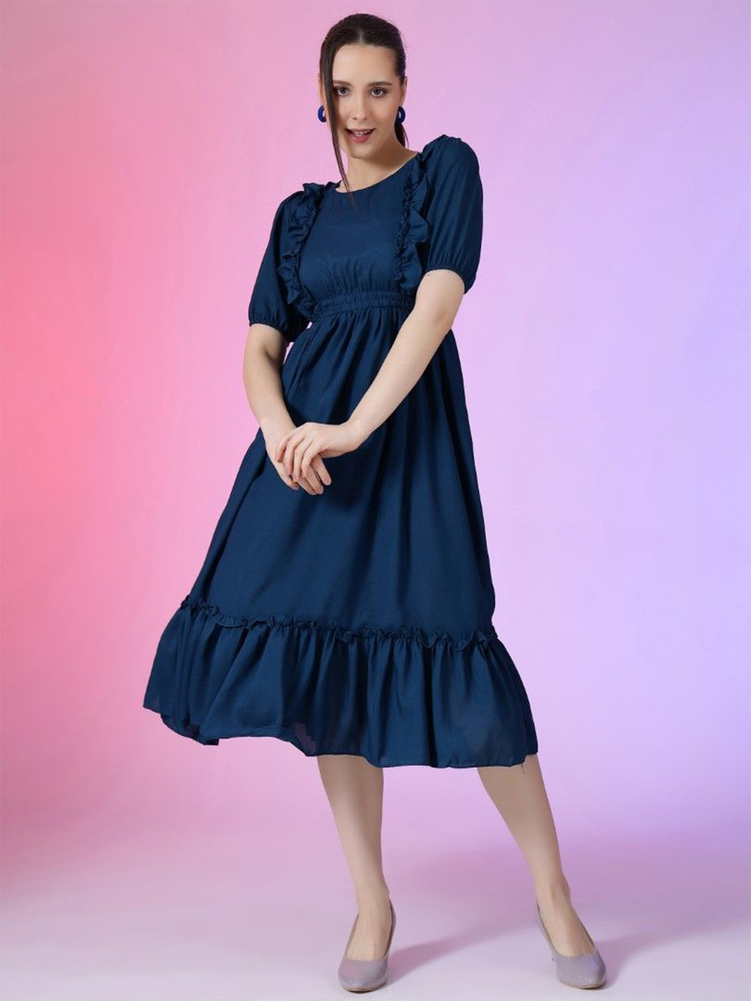 

Jash Creation Puff Sleeve Applique Fit & Flare Dress, Blue