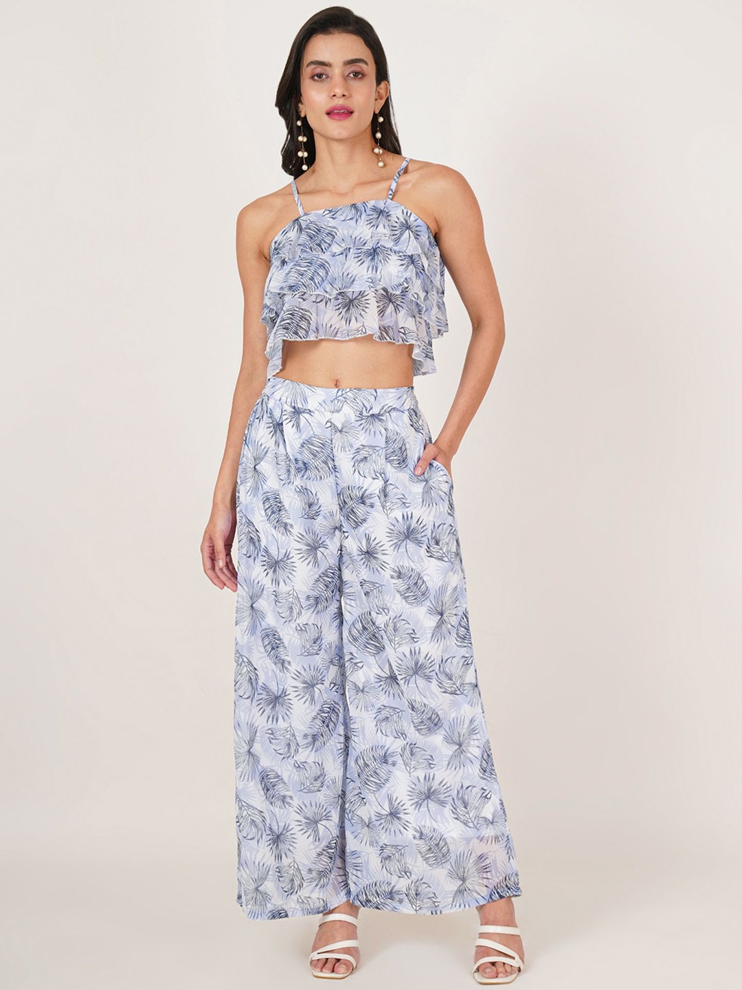 

U&F Floral Printed Crop Top With Trousers Co-Ords, Grey