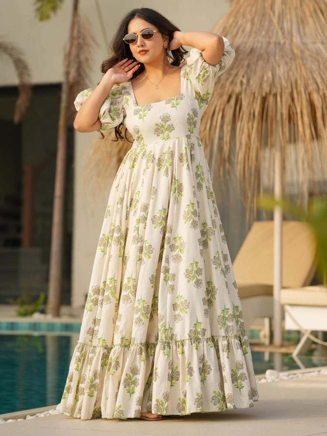 

KALINI Floral Print Puff Sleeve Maxi Dress, Lime green