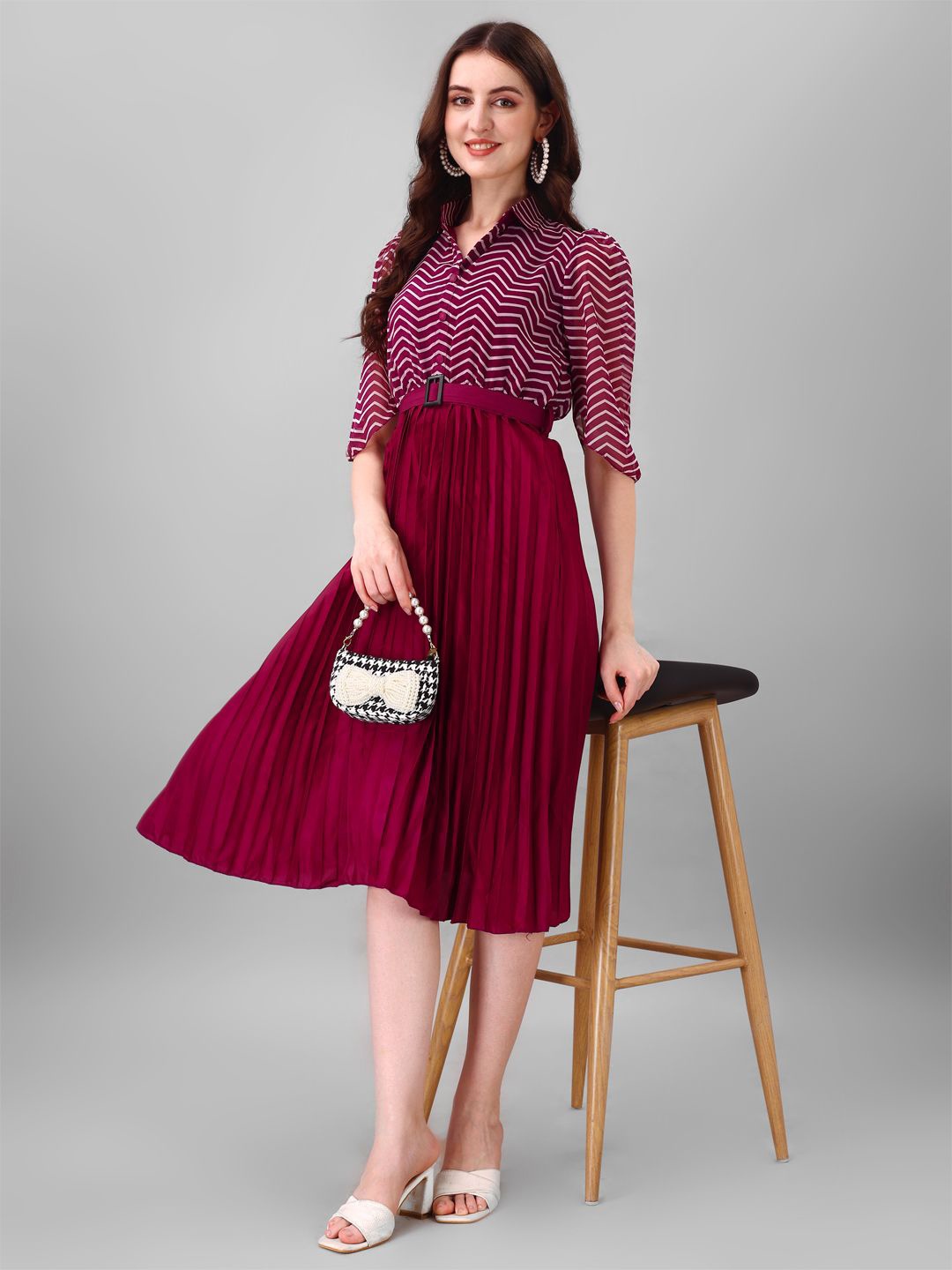 

Raiyani Fashion Striped Applique Georgette Fit & Flare Midi Dress, Magenta