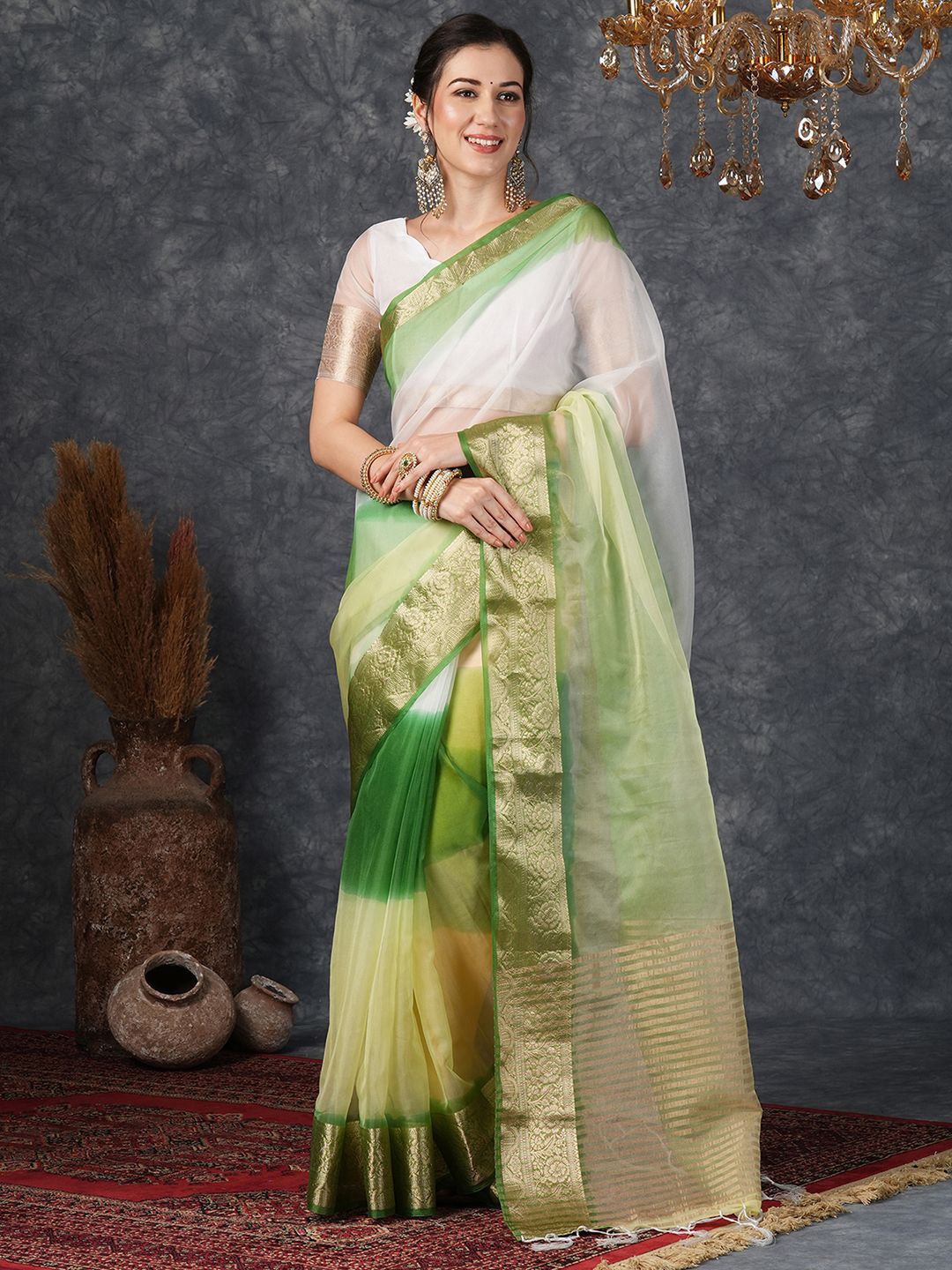 

DIVASTRI Ombre Zari Organza Banarasi Saree, Green