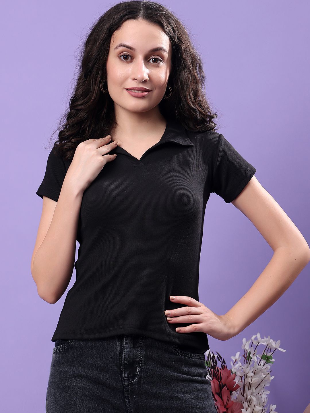 

Ajolli Women Polo Collar Extended Sleeves Cut Outs T-shirt, Black