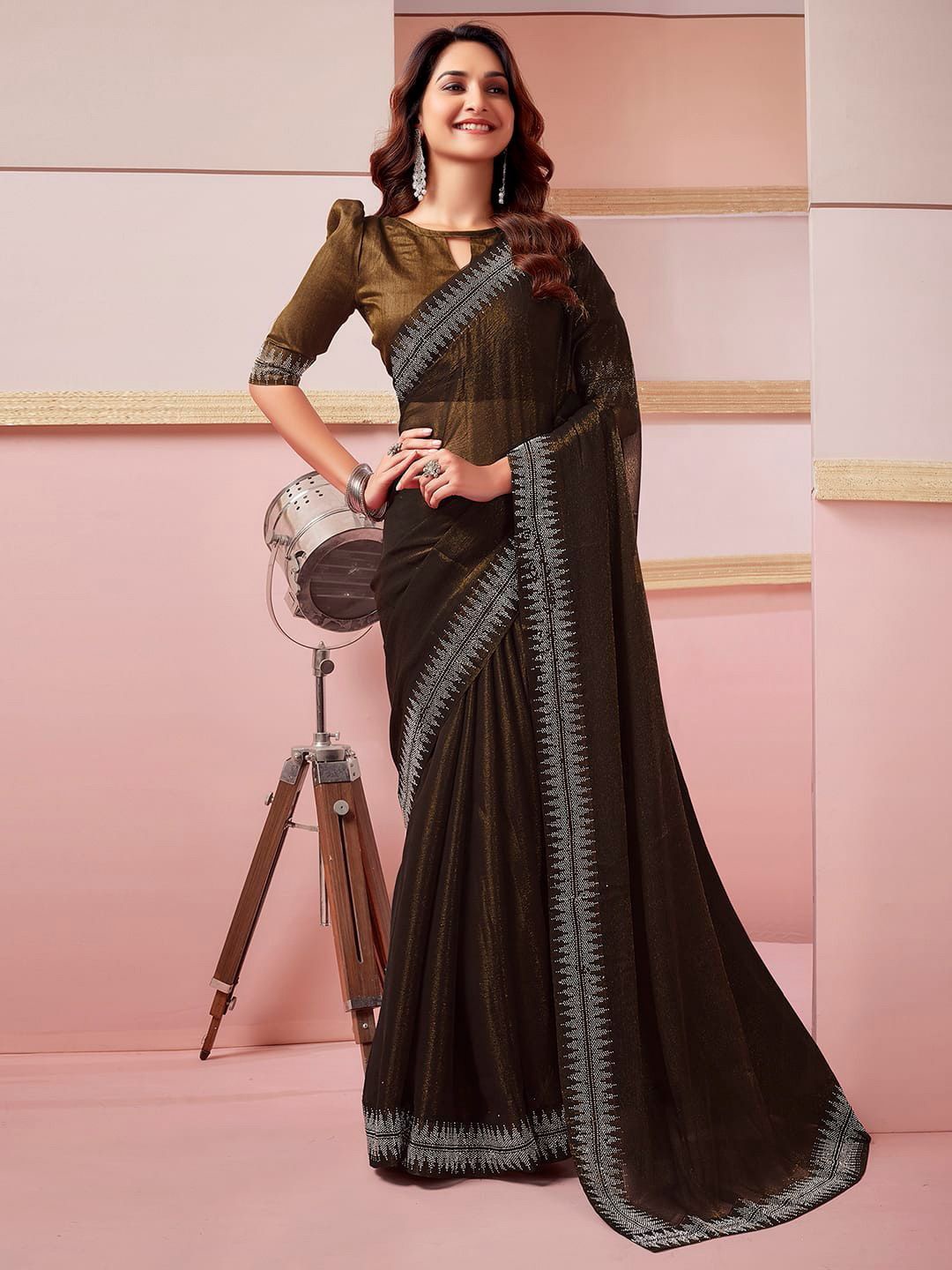 

DIVASTRI Beads and Stones Pure Chiffon Saree, Copper