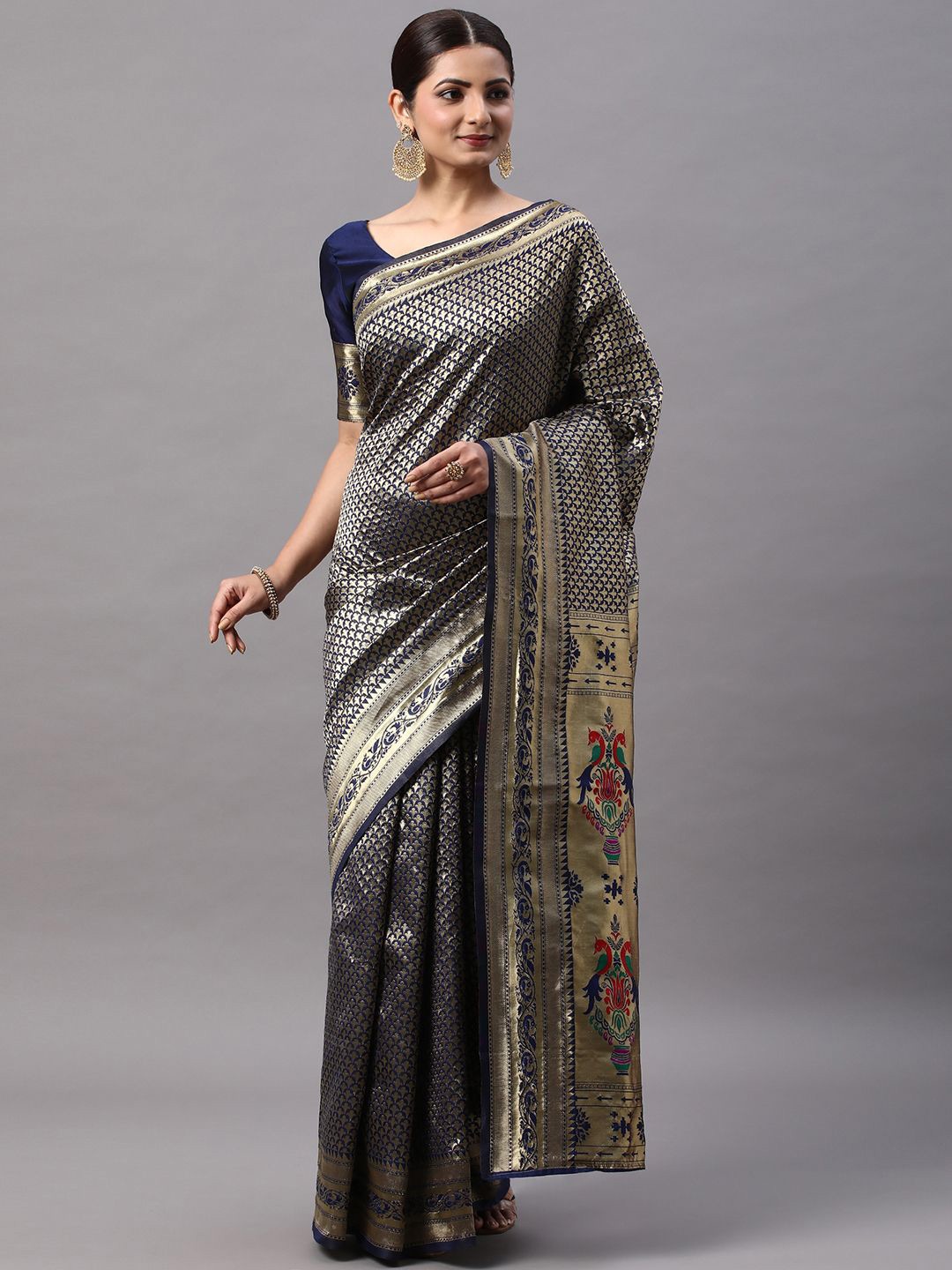 

KALINI Woven Design Zari Silk Blend Kanjeevaram Saree, Navy blue