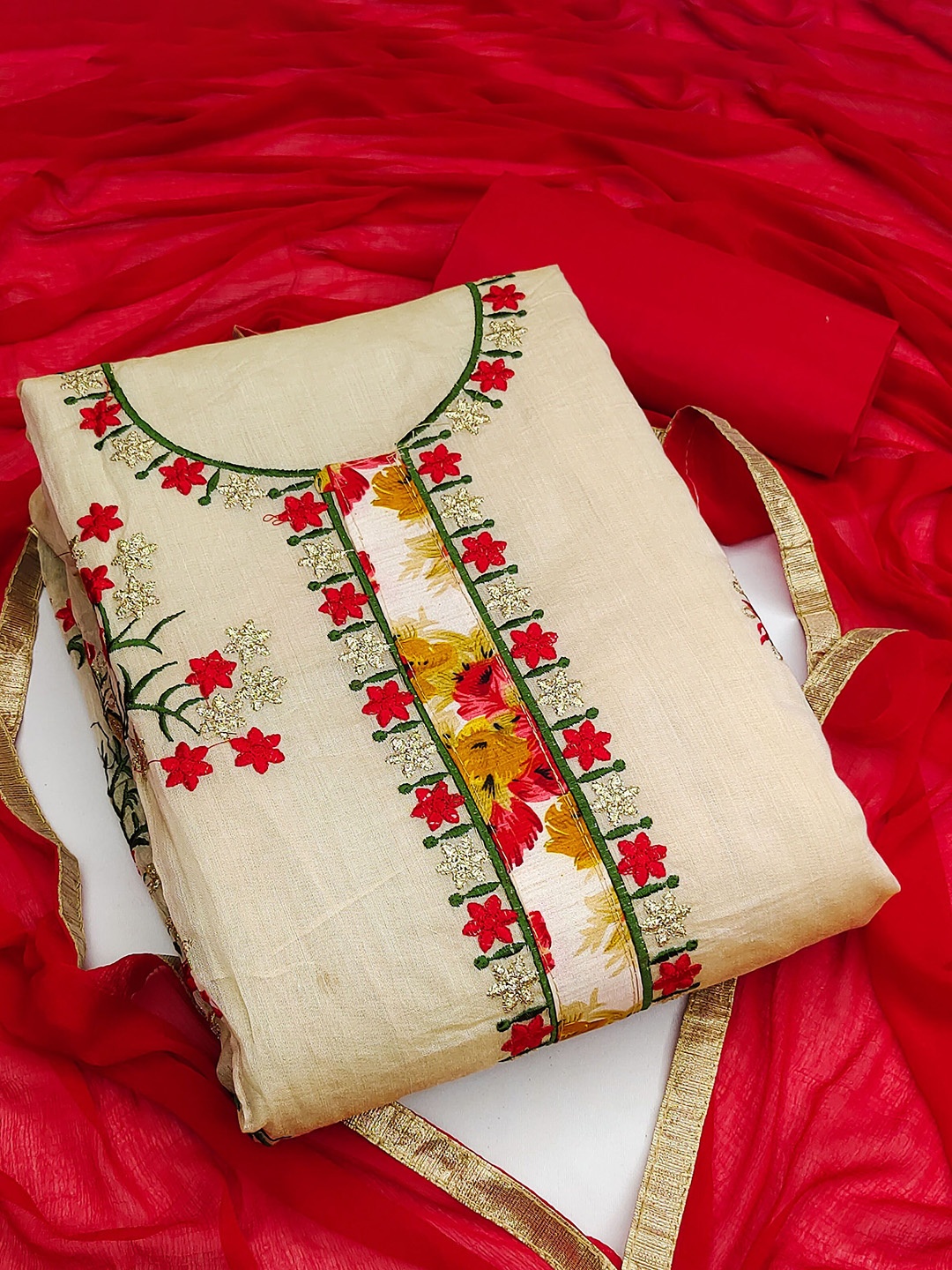 

SAINOOR Embroidered Semi-Stitched Dress Material, Beige