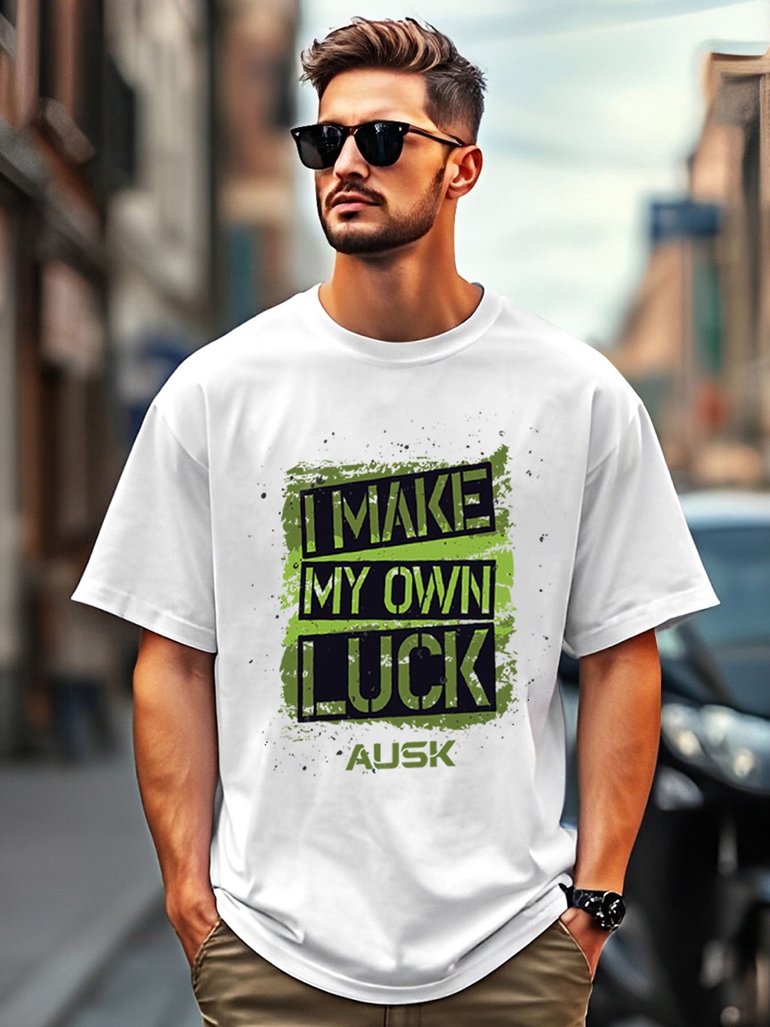 

AUSK Men Typography Printed Applique T-shirt, White