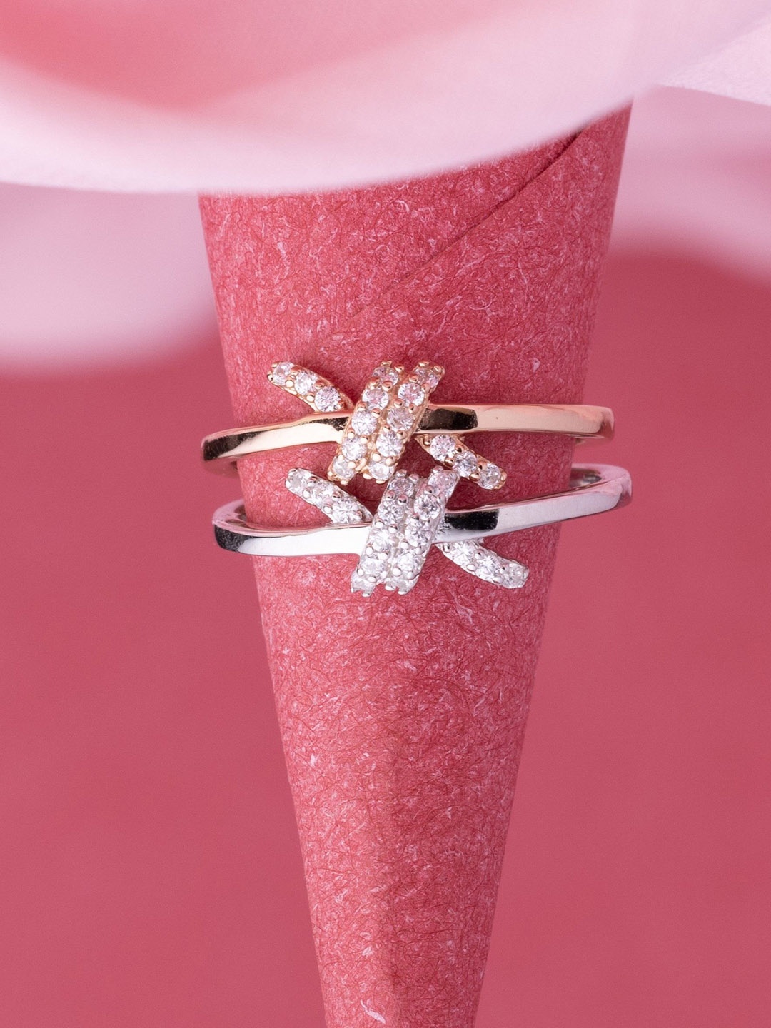 

LIORA 925 Silver Rose-Gold Plated Cubic Zirconia Studded Finger Ring
