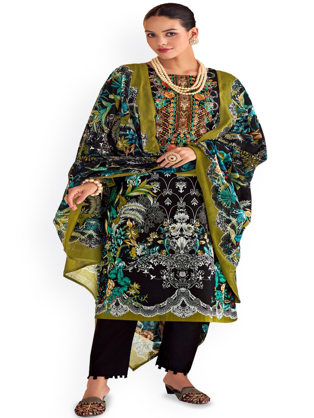 

DRAVINAM Trends Embroidered Pure Cotton Unstitched Dress Material, Black