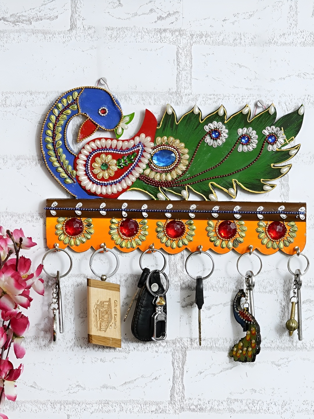

Webelkart Green & Blue Wooden 6-Hooks Peacock Key Holder