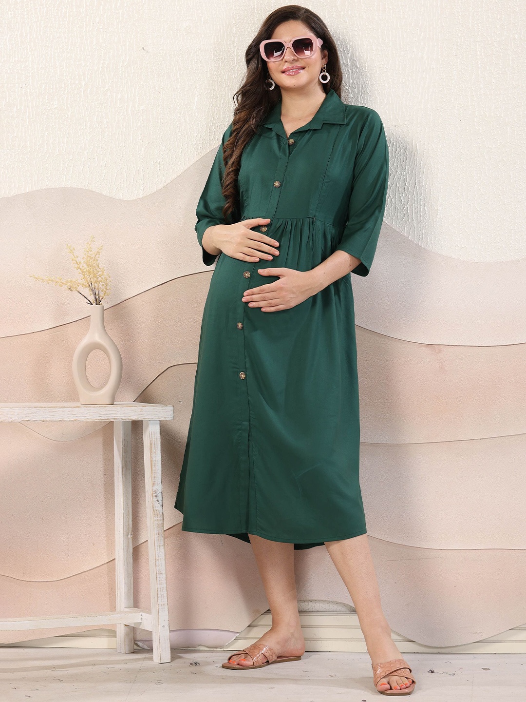 

EASY MOM Maternity Shirt Midi Dress, Green