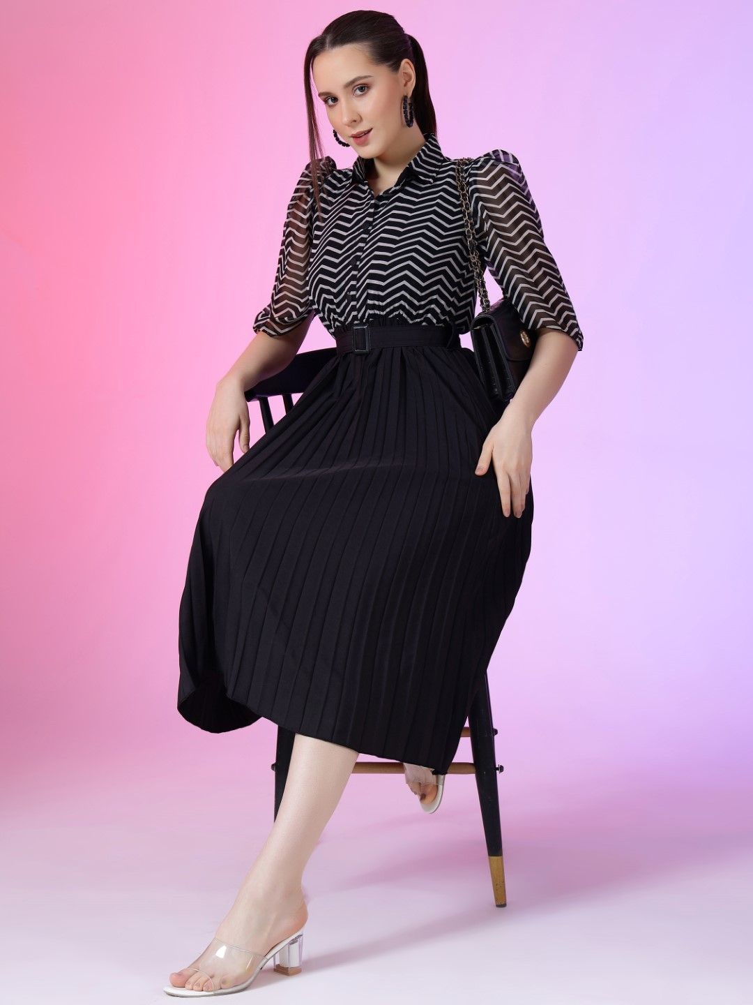 

Raiyani Fashion Print Puff Sleeve Applique Georgette Fit & Flare Dress, Black