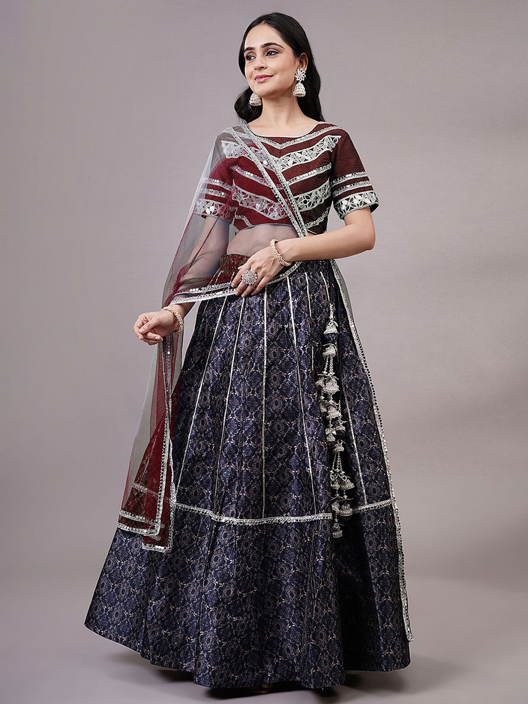 

Utsav Fashion Embroidered Mirror Work Shibori Ready to Wear Lehenga & Choli With Dupatta, Navy blue