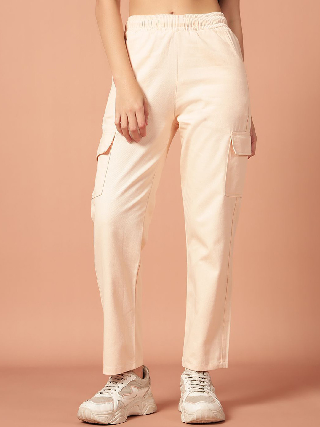 

Mast & Harbour Women Loose Fit High-Rise Easy Wash Cargos Trousers, Cream
