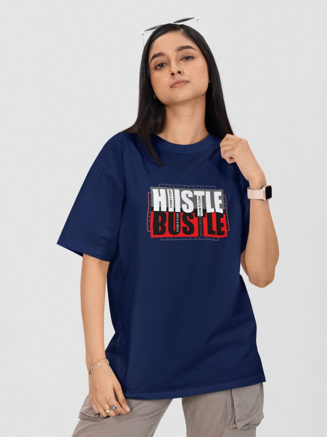

Moda Rapido Women Printed Drop-Shoulder Sleeves Applique T-shirt, Navy blue