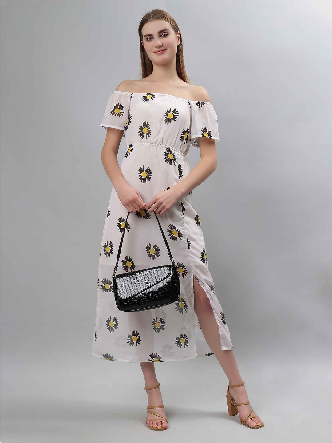 

ETRAANA Floral Print Off-Shoulder Cold-Shoulder Georgette Fit & Flare Maxi Dress, White