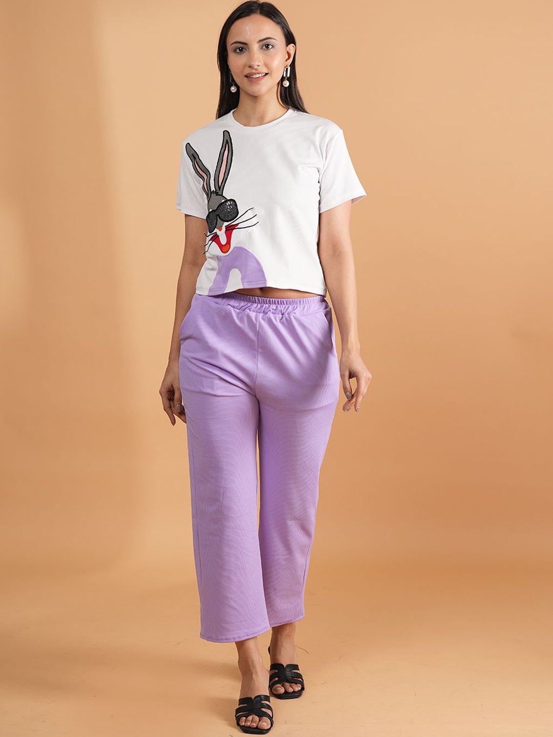 

Dreambe Printed Round Neck T-Shirt & Trousers Co-ords, Purple