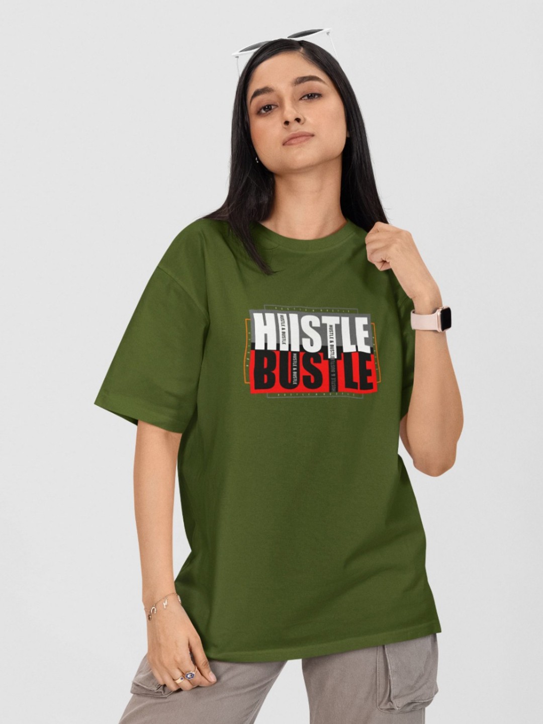 

Moda Rapido Women Printed Drop-Shoulder Sleeves Applique T-shirt, Green