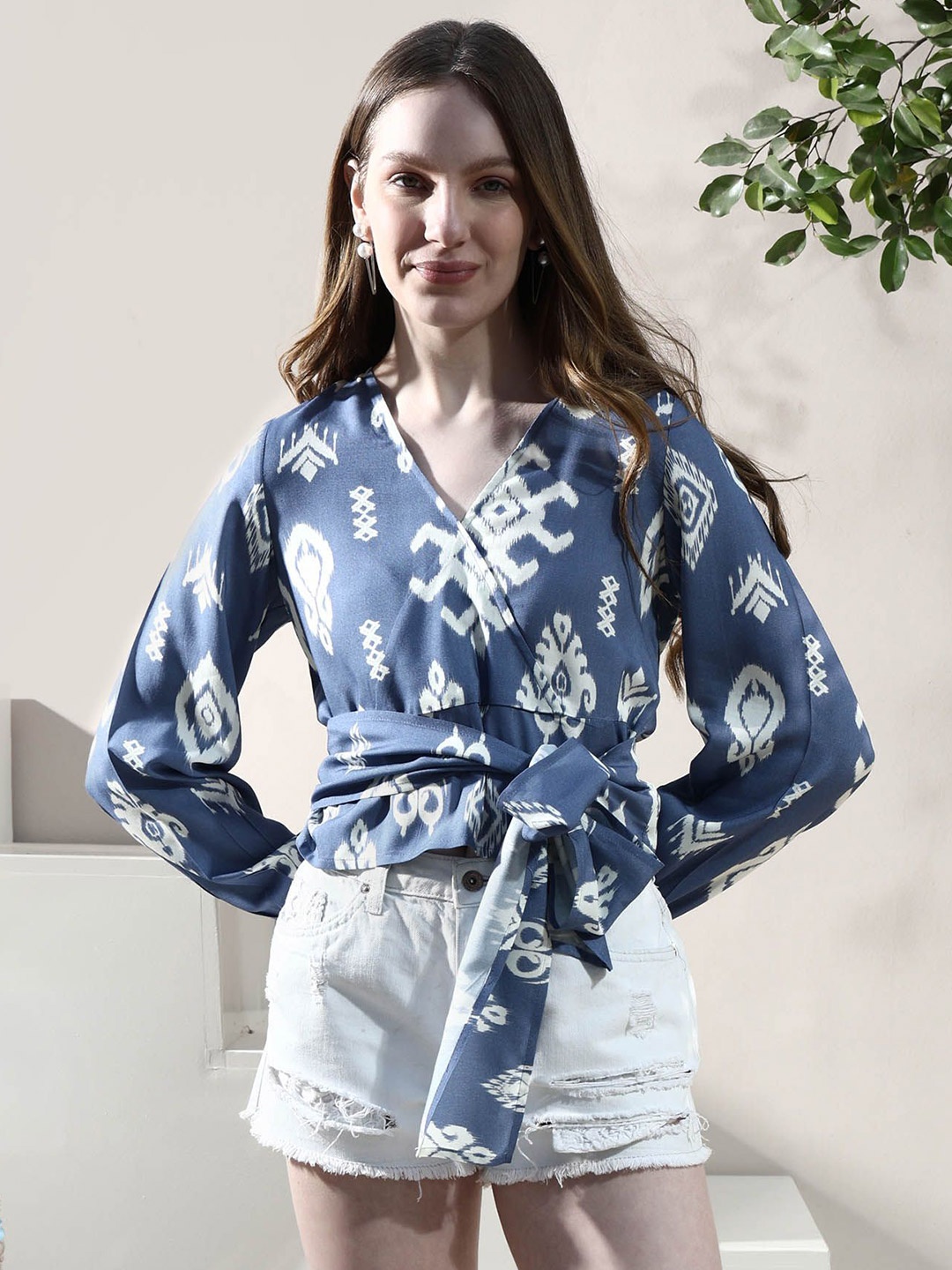 

Boho By Athena Print Linen Wrap Top, Blue