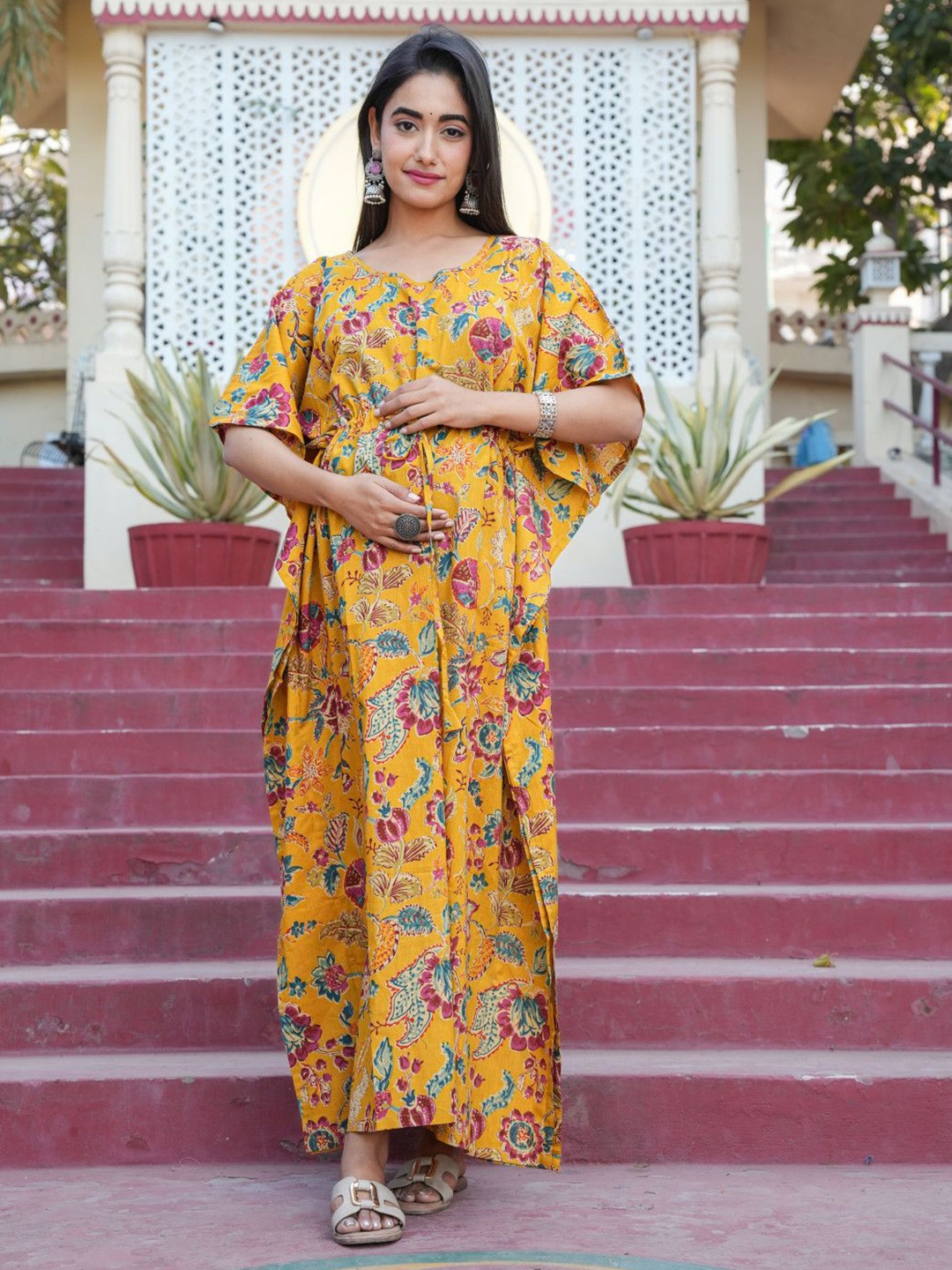 

Aujjessa Floral Print Maternity Kaftan Maxi Dress, Mustard