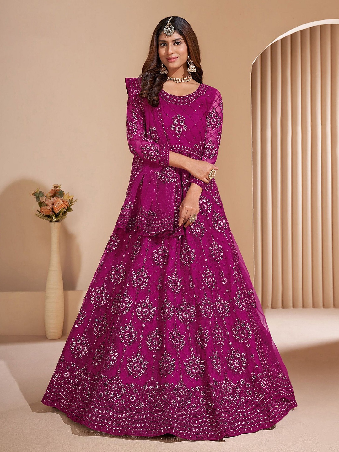 

Aika Ethnic Motifs Embroidered Net Fit & Flare Maxi Dress, Multi