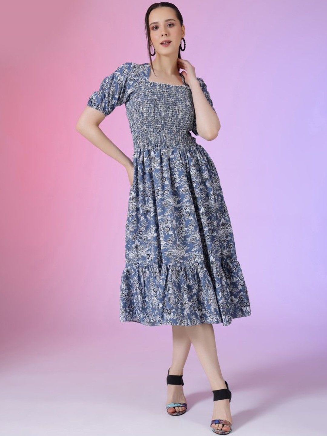 

Jash Creation Print Puff Sleeve Applique Fit & Flare Dress, Blue