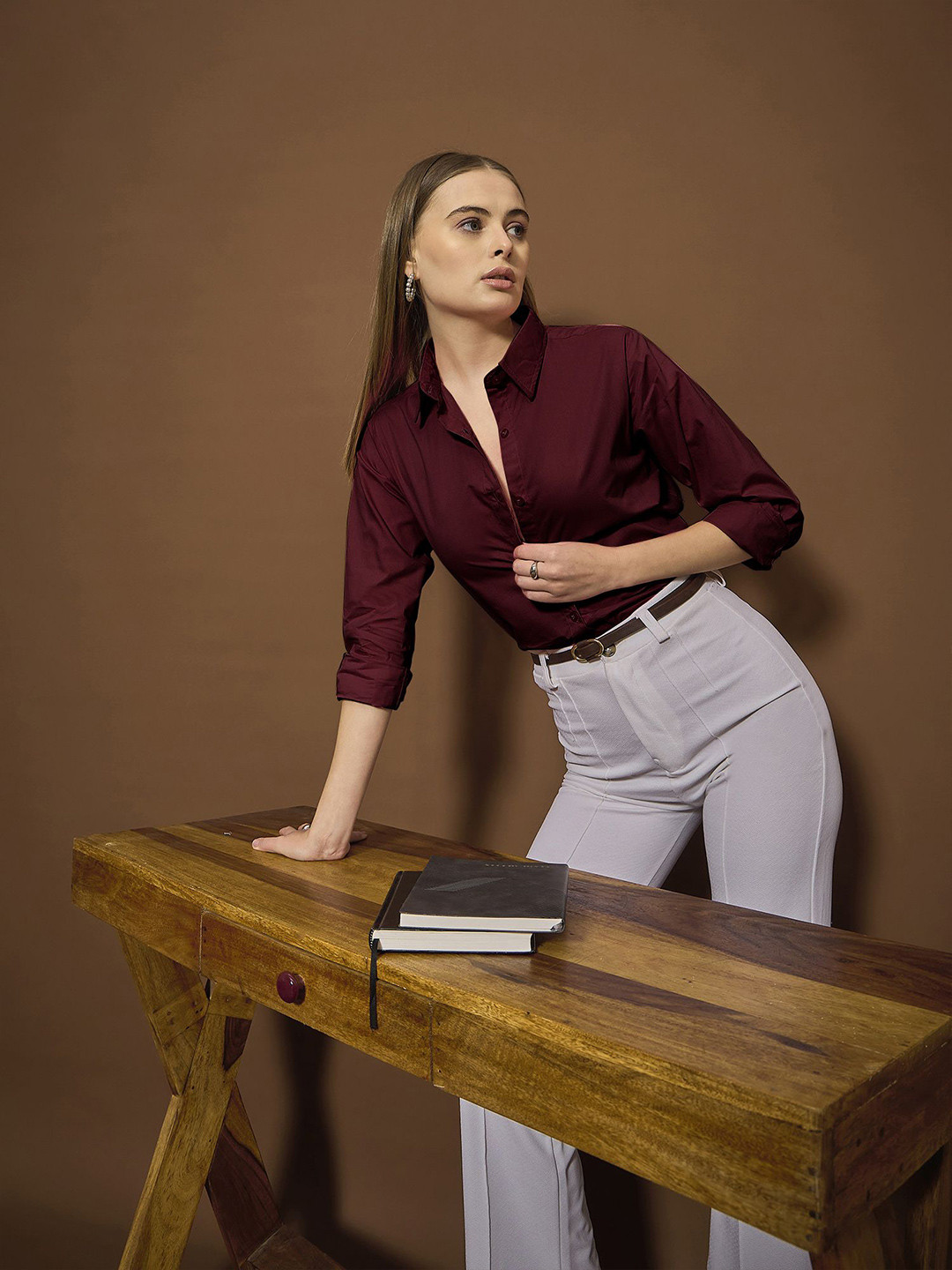 

The Roadster Lifestyle Co Women Cotton Spread Collar Shirt, Burgundy
