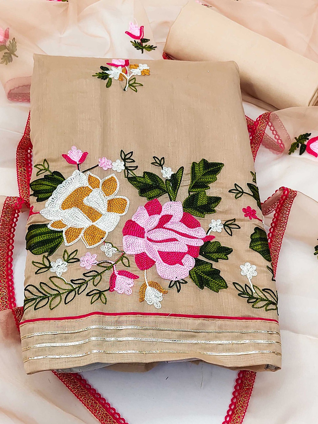 

SAINOOR Embroidered Semi-Stitched Dress Material, Beige