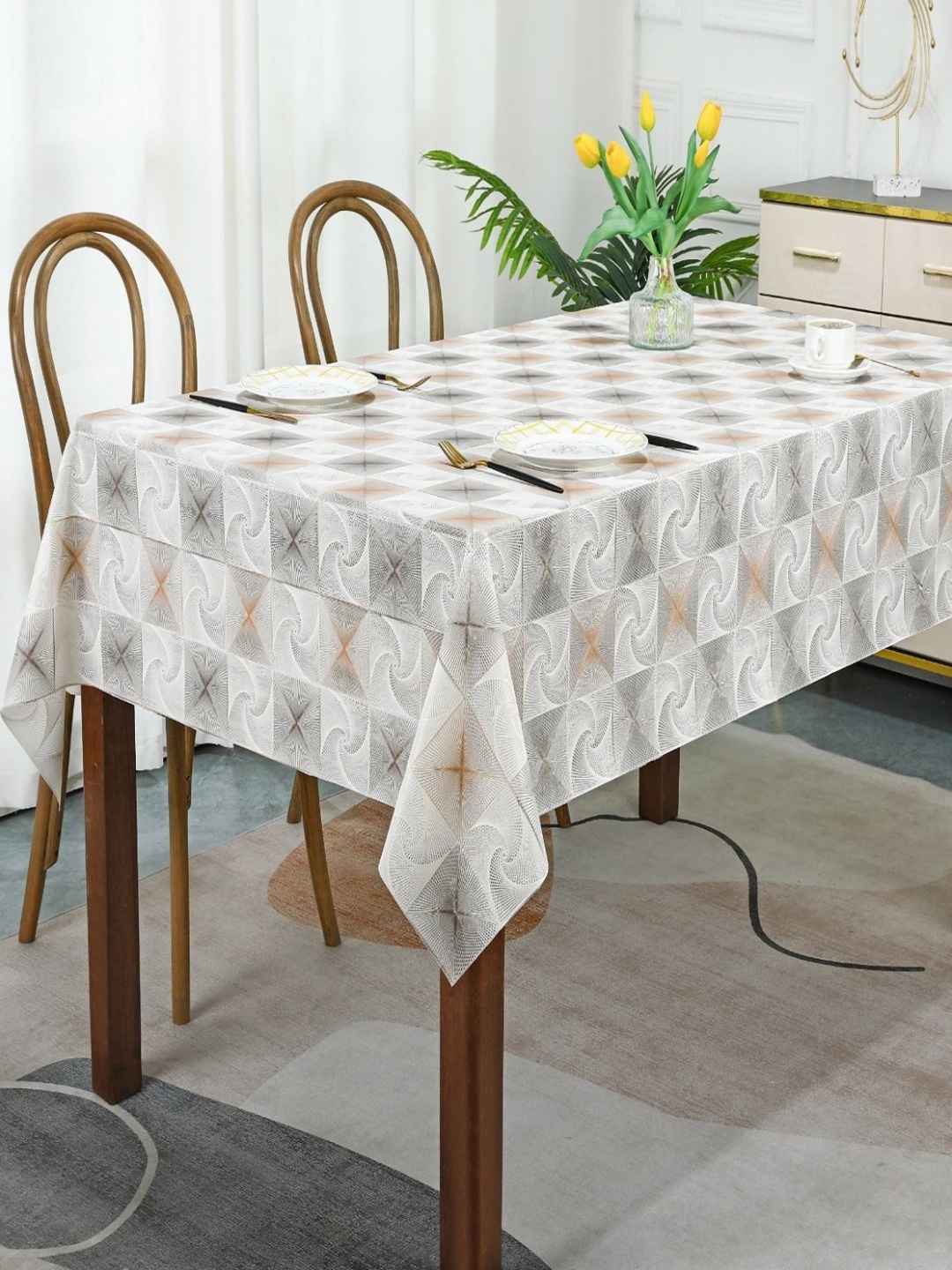 

Dakshya Industries White Geometric Printed Waterproof Plastic 6-Seater Table Cover
