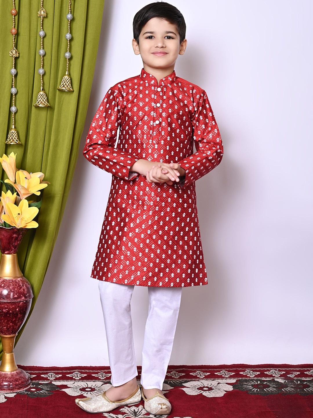 

Cae Boys Embroidered Regular Sequinned Dupion Silk Kurta with Pyjamas, Maroon