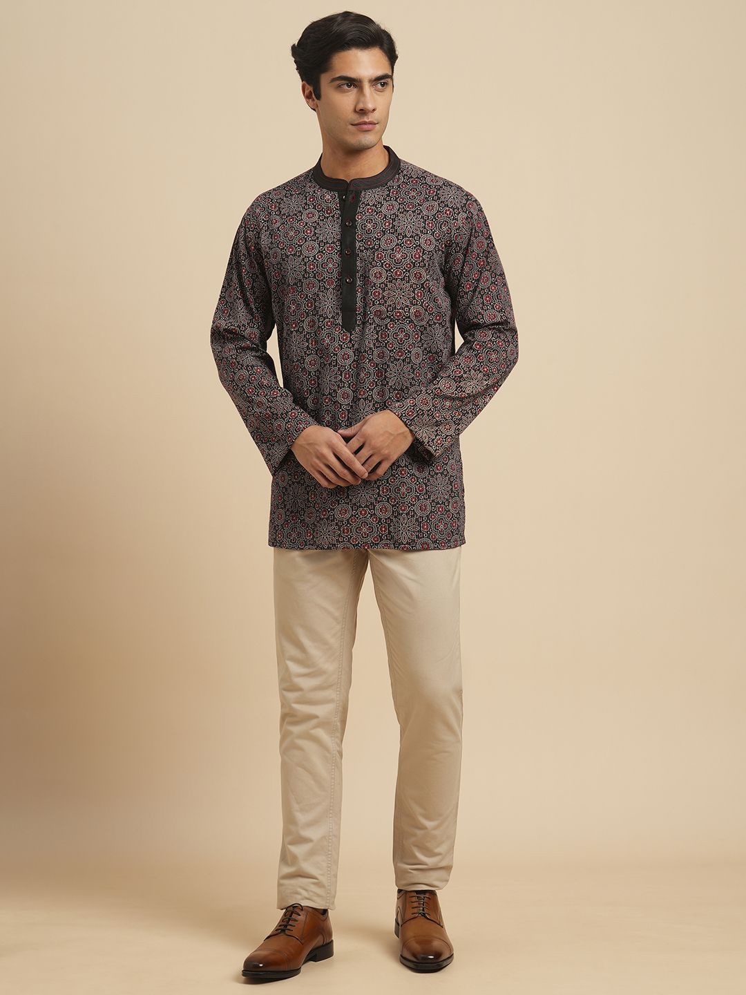 Arch element Men Geometric Printed Flared Sleeves Thread Work Kurta, Brown