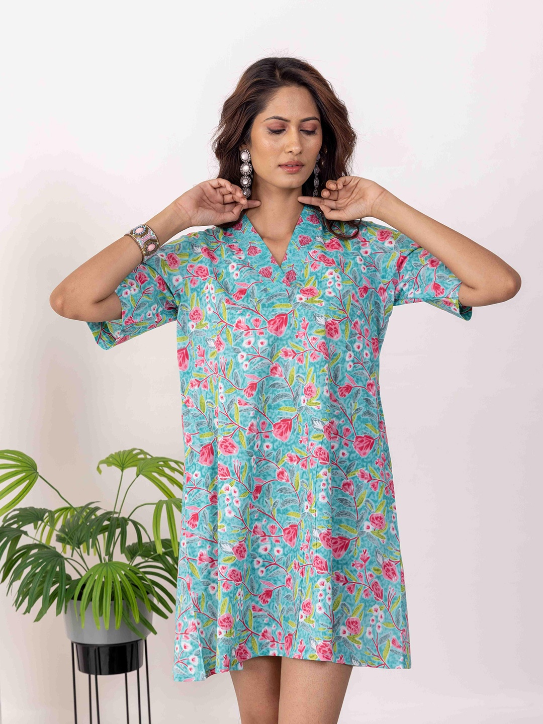 

INAAYA JAIPUR Floral Print Fit & Flare Dress, Blue
