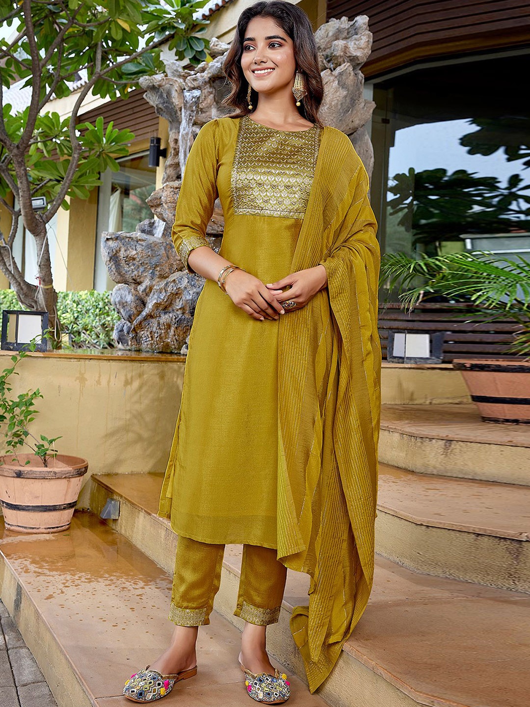 

HERE&NOW Women Embroidered Regular Kurta with Trousers & With Dupatta, Mustard