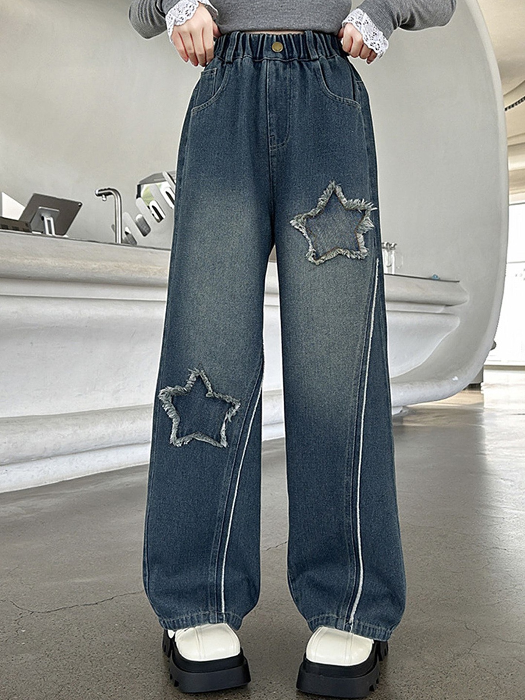 

LULU & SKY Girls Wide Leg High-Rise Slash Knee Jeans, Blue