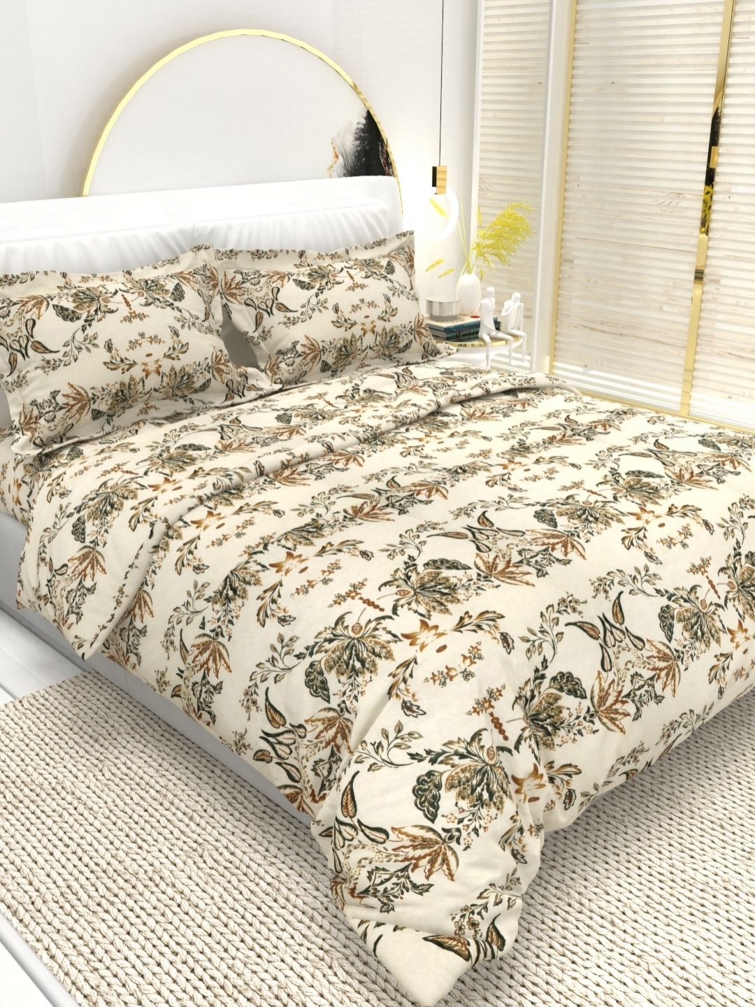 

THE WHITE MOSS White & Brown Ethnic Motifs Queen Bedsheet with 2 Pillow Covers