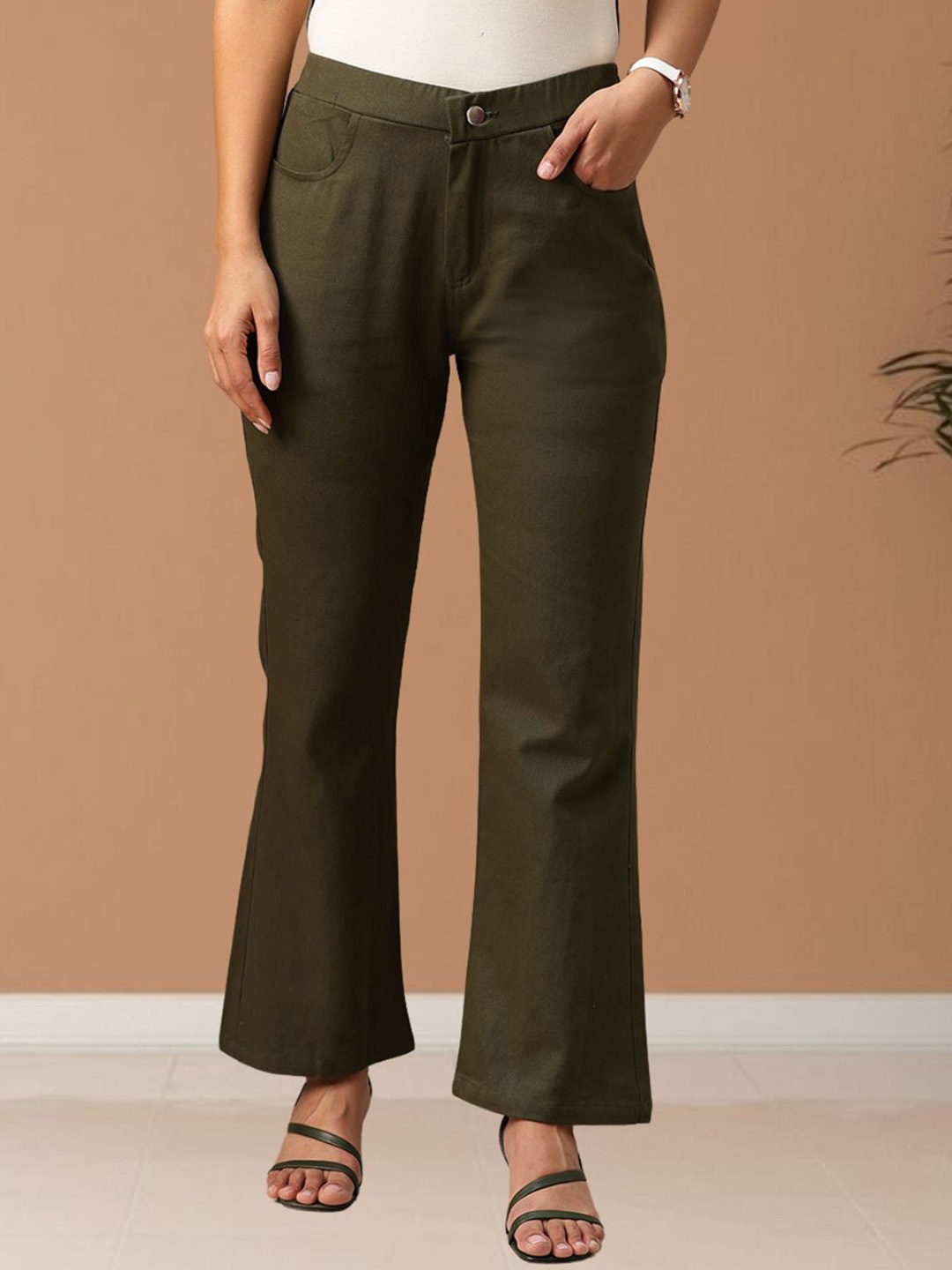 

Mast & Harbour Women Flared High-Rise Easy Wash Trousers, Olive