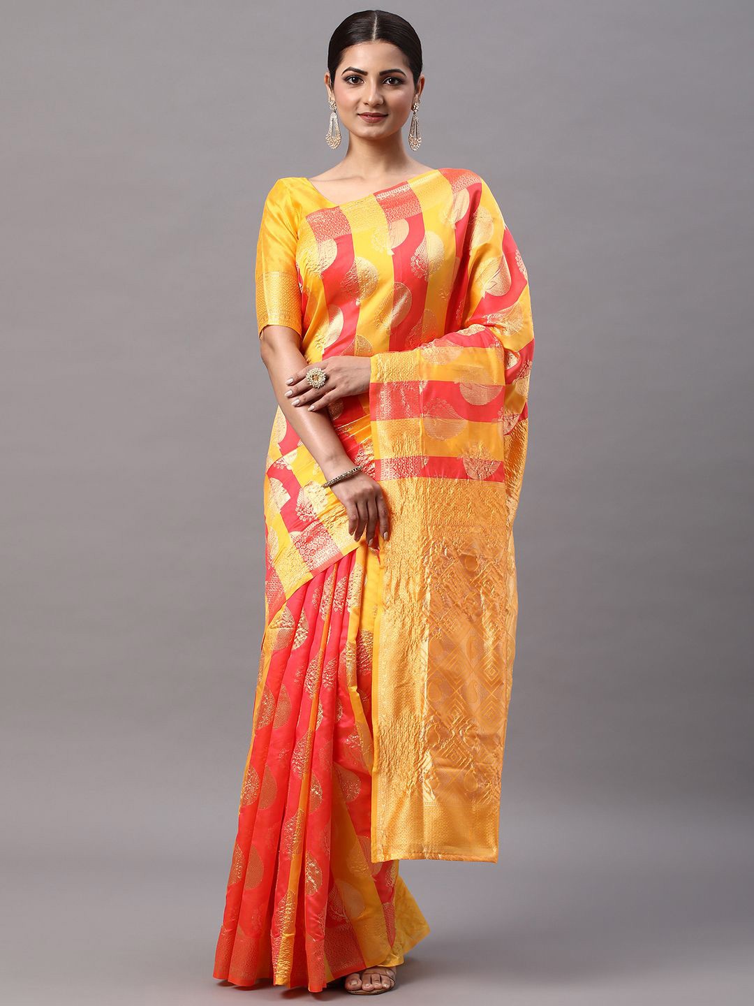 

KALINI Woven Design Zari Silk Blend Kanjeevaram Saree, Pink