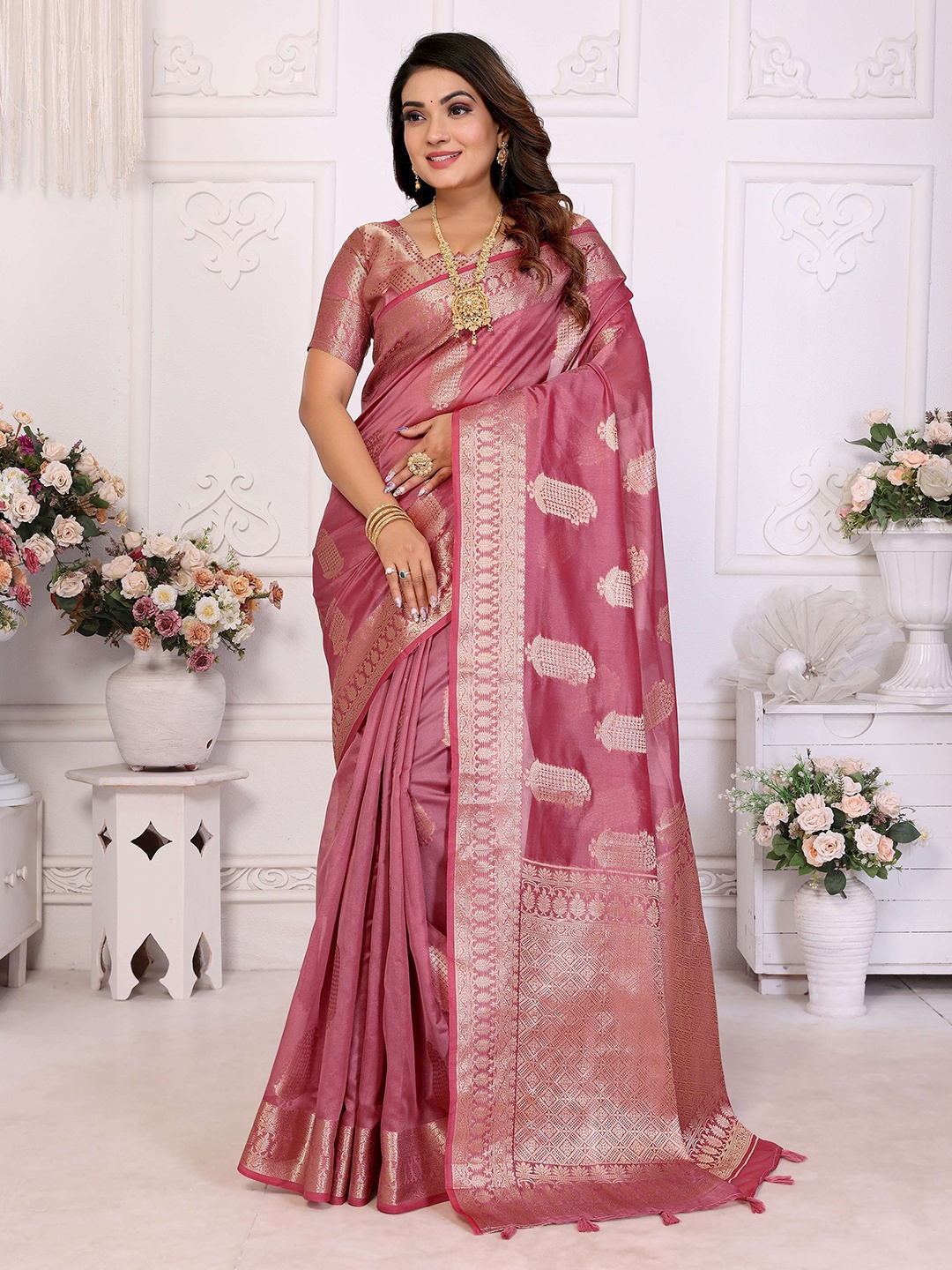 

HEER FASHION Woven Design Zari Organza Banarasi Saree, Pink