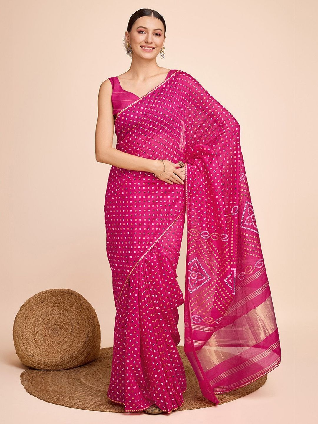 

DIVASTRI Bandhani Zari Silk Cotton Bandhani Saree, Pink