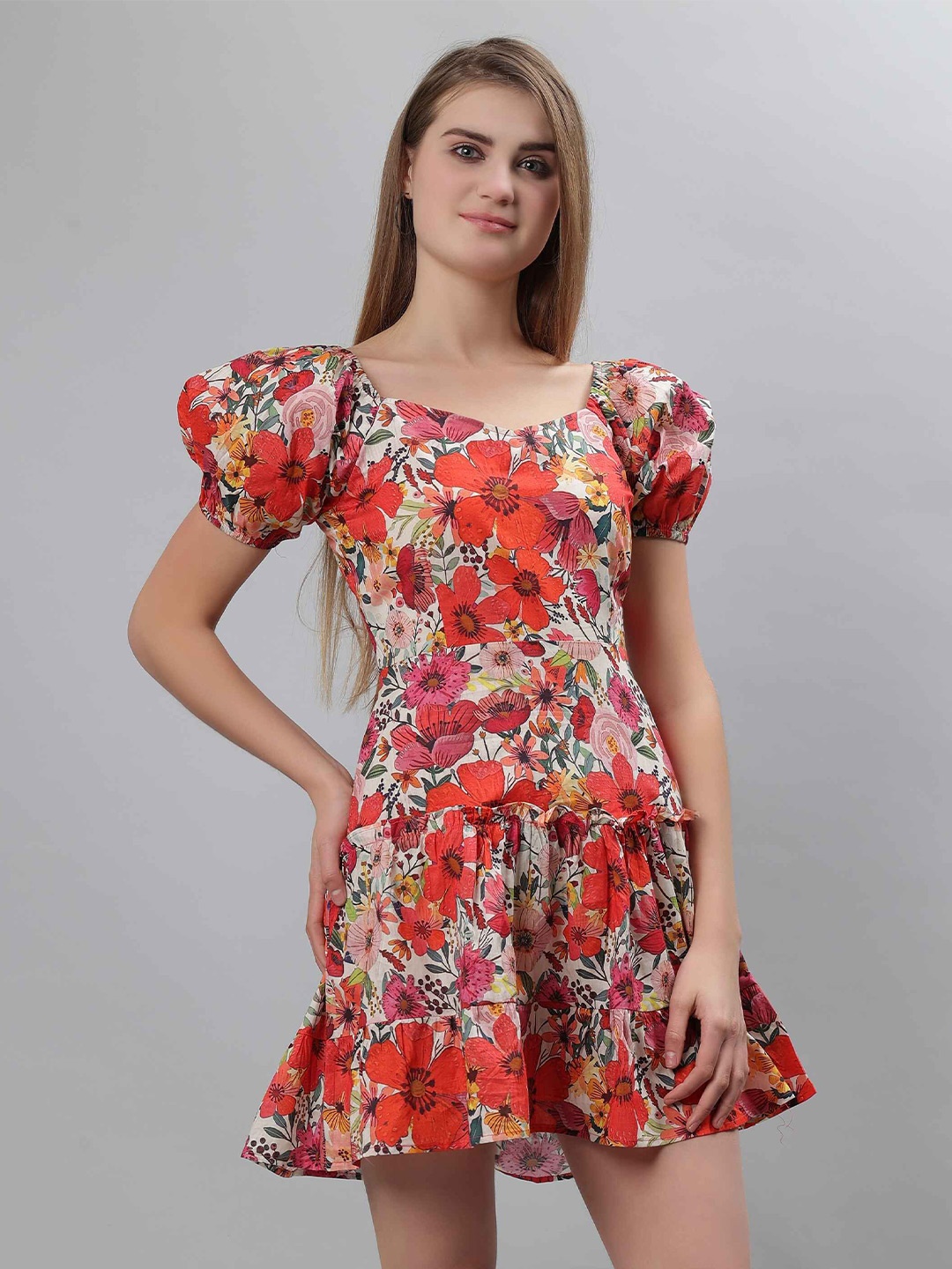 

ETRAANA Floral Print Puff Sleeve Drop-Waist Midi Dress, Red