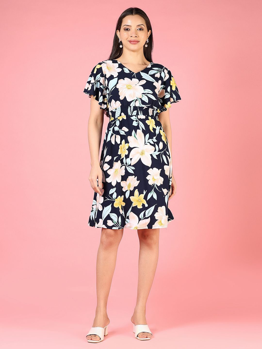 

V-Mart Floral Print Fit & Flare Dress, Navy blue