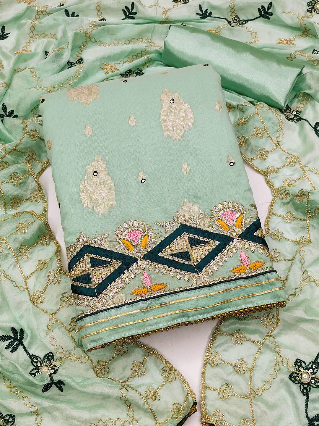 

SAINOOR Embroidered Semi-Stitched Dress Material, Green