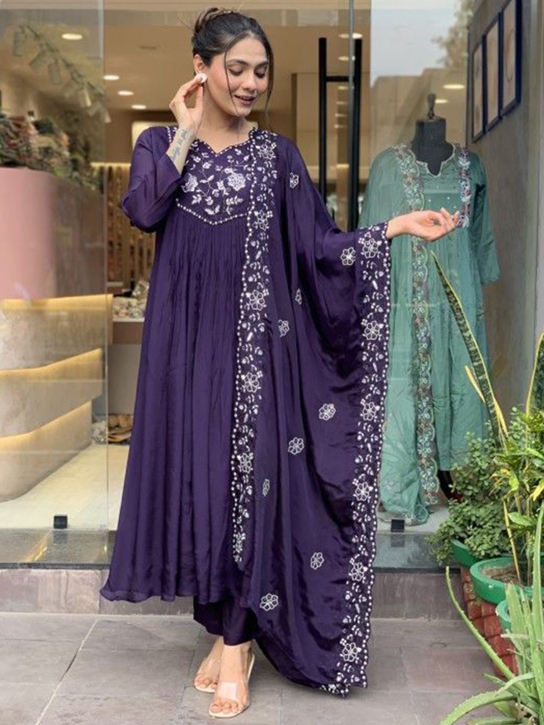 

S.K.C Floral Embroidered Pleated Sweetheart Neck A-Line Kurta With Trousers & Dupatta, Purple