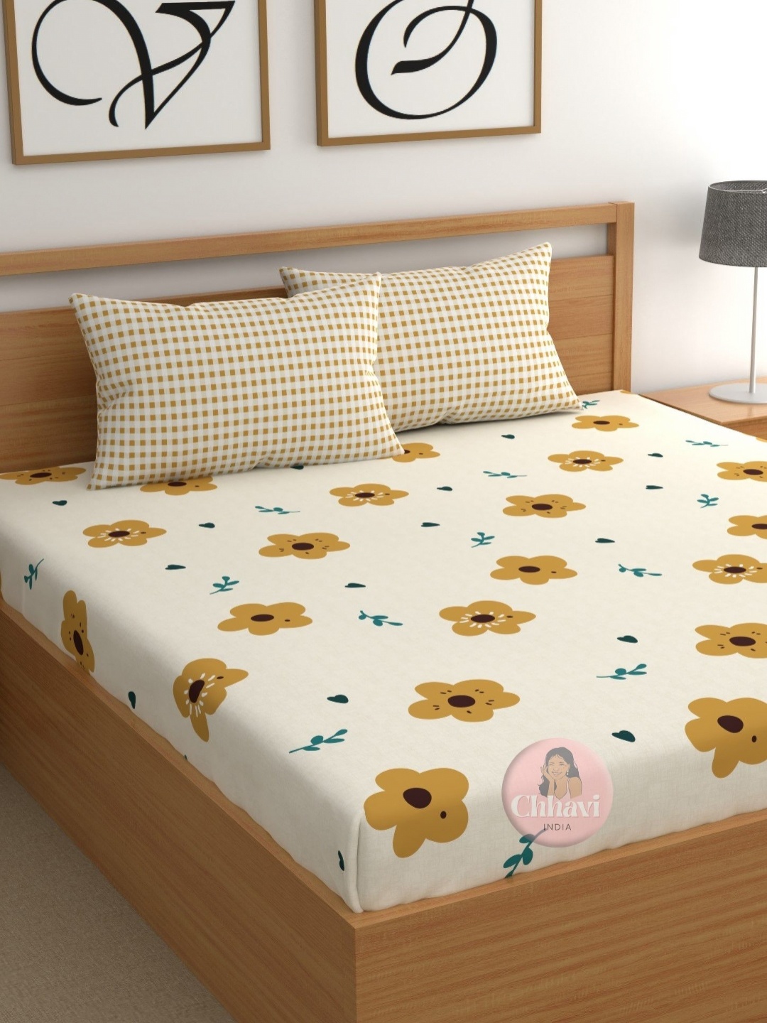

CHHAVI INDIA Yellow & Black Floral 210 TC King Bedsheet with 2 Pillow Covers