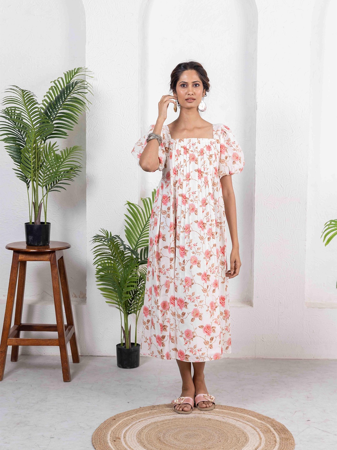 

INAAYA JAIPUR Floral Print Puff Sleeve Fit & Flare Maxi Dress, White