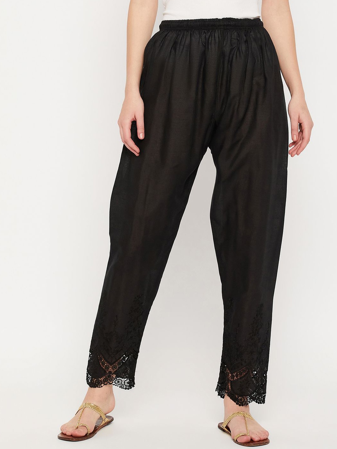 

TULIP 21 Women Floral Embroidered Comfort Tapered Fit Easy Wash Trousers, Black